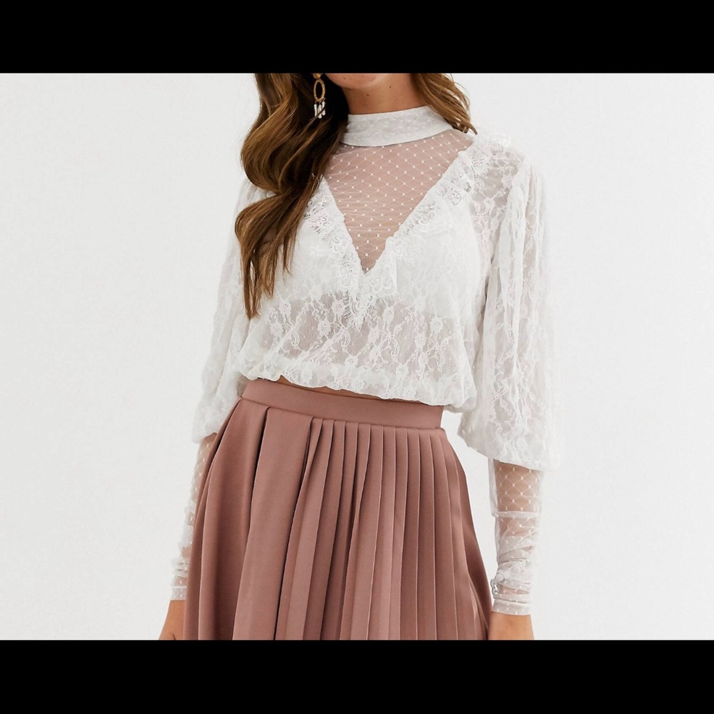 ASOS design top white lace ruffle and puff sleeve